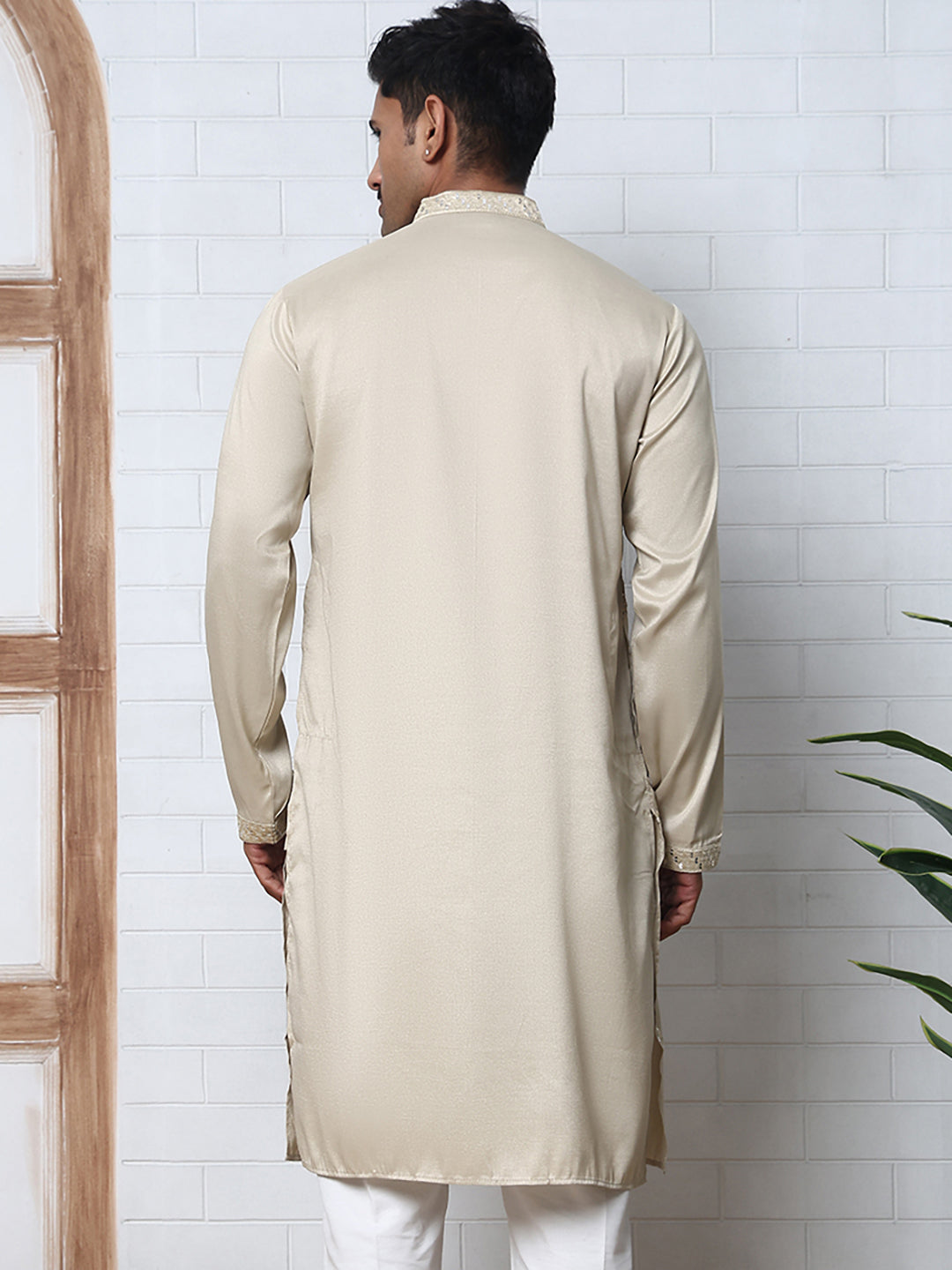 Men Silk Blend Festive Embroidered Kurtas ( ANMKO 286Beige-2 Beige-2 )