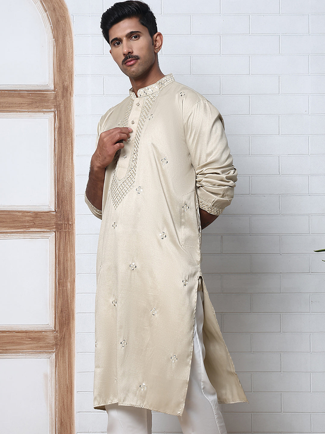 Men Silk Blend Festive Embroidered Kurtas ( ANMKO 286Beige )