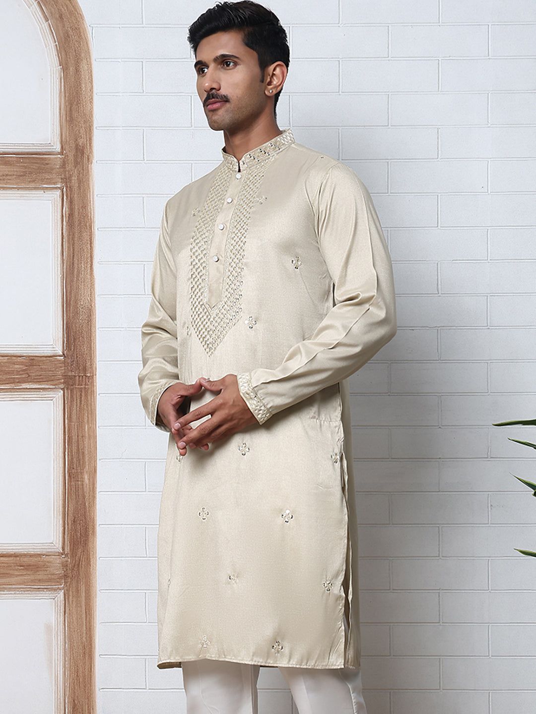 Men Silk Blend Festive Embroidered Kurtas ( ANMKO 286Beige-2 Beige-2 )