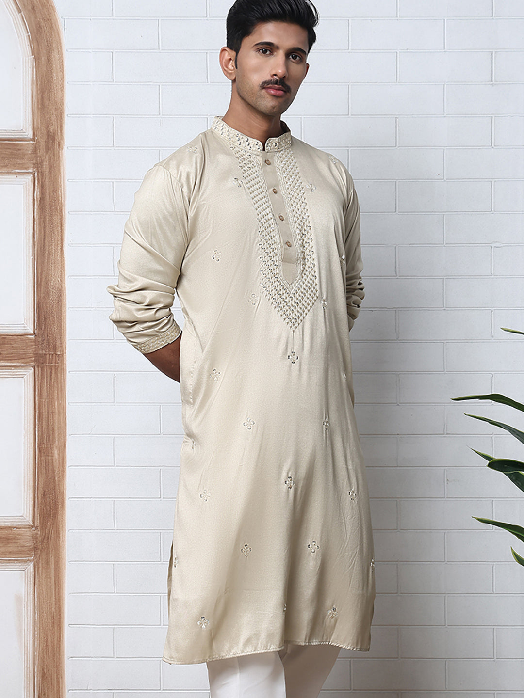Men Silk Blend Festive Embroidered Kurtas ( ANMKO 286Beige )