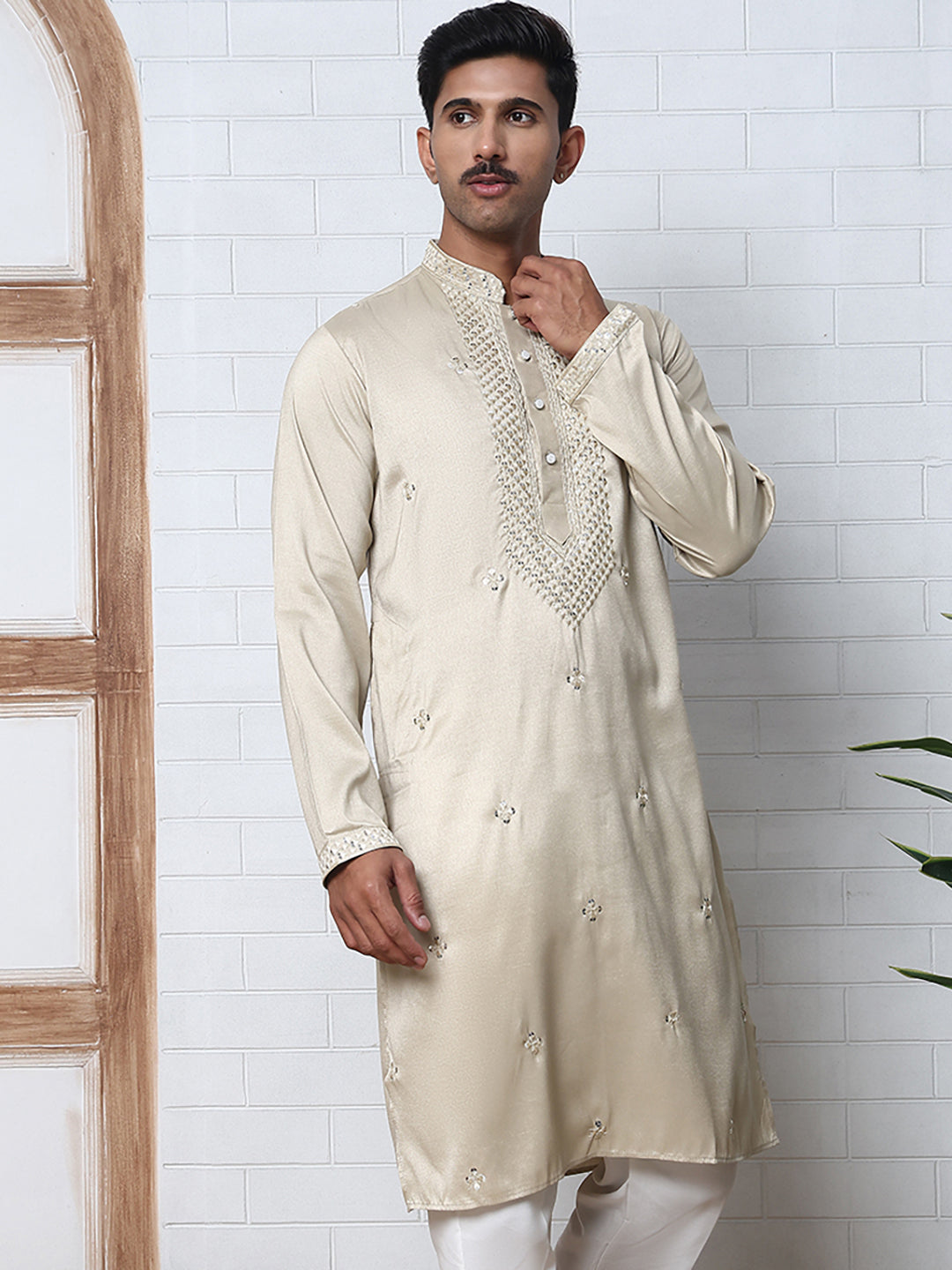Men Silk Blend Festive Embroidered Kurtas ( ANMKO 286Beige-2 Beige-2 )
