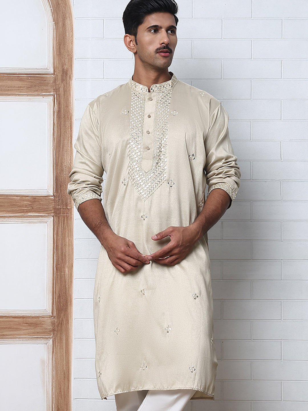 Men Silk Blend Festive Embroidered Kurtas ( ANMKO 286Beige )