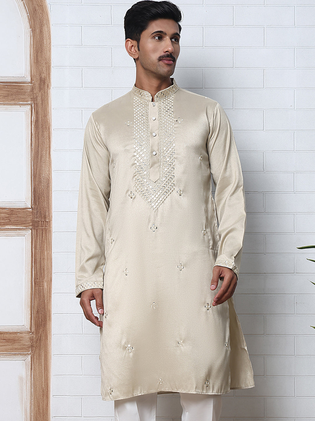 Men Silk Blend Festive Embroidered Kurtas ( ANMKO 286Beige-2 Beige-2 )