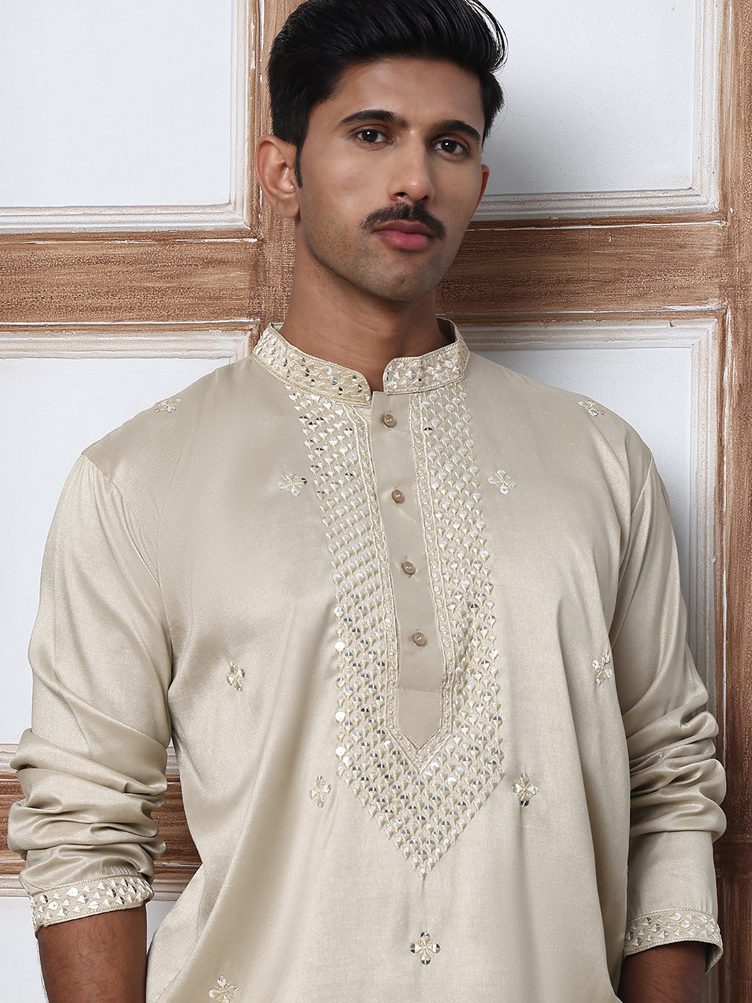 Men Silk Blend Festive Embroidered Kurtas ( ANMKO 286Beige )