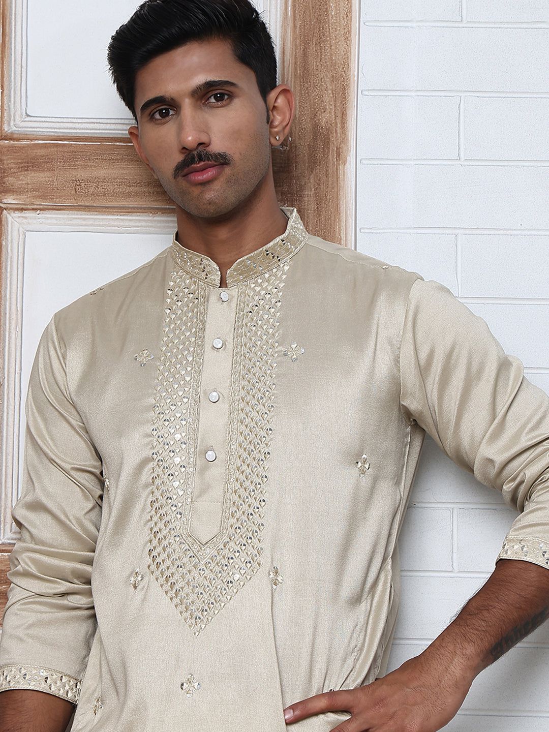 Men Silk Blend Festive Embroidered Kurtas ( ANMKO 286Beige-2 Beige-2 )