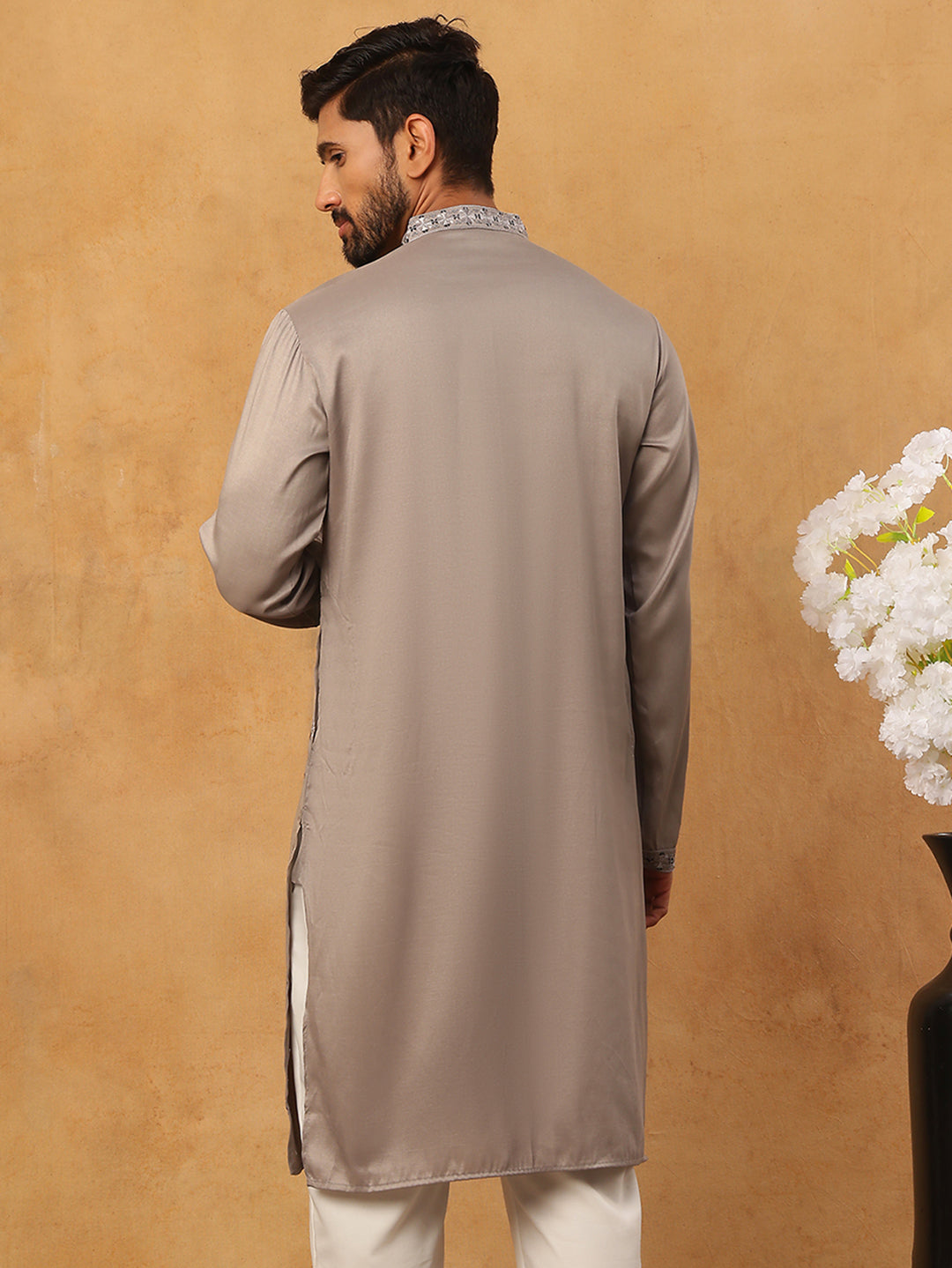 Men Silk Blend Festive Embroidered Kurta ( ANMKO 286Grey )