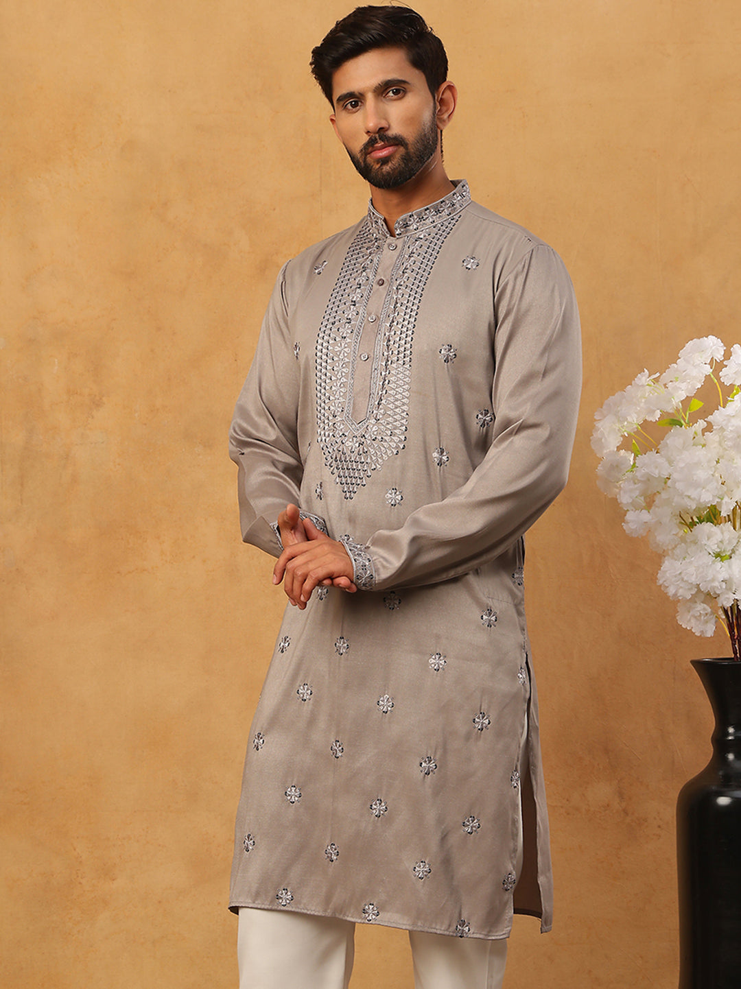 Men Silk Blend Festive Embroidered Kurta ( ANMKO 286Grey )
