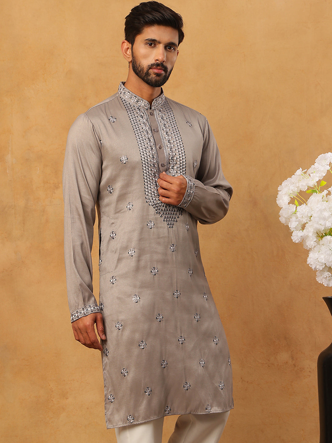 Men Silk Blend Festive Embroidered Kurta ( ANMKO 286Grey )