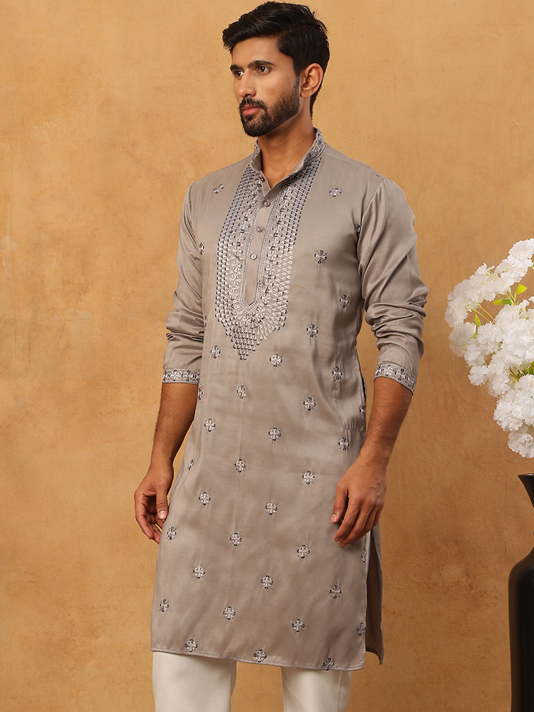 Men Silk Blend Festive Embroidered Kurta ( ANMKO 286Grey )