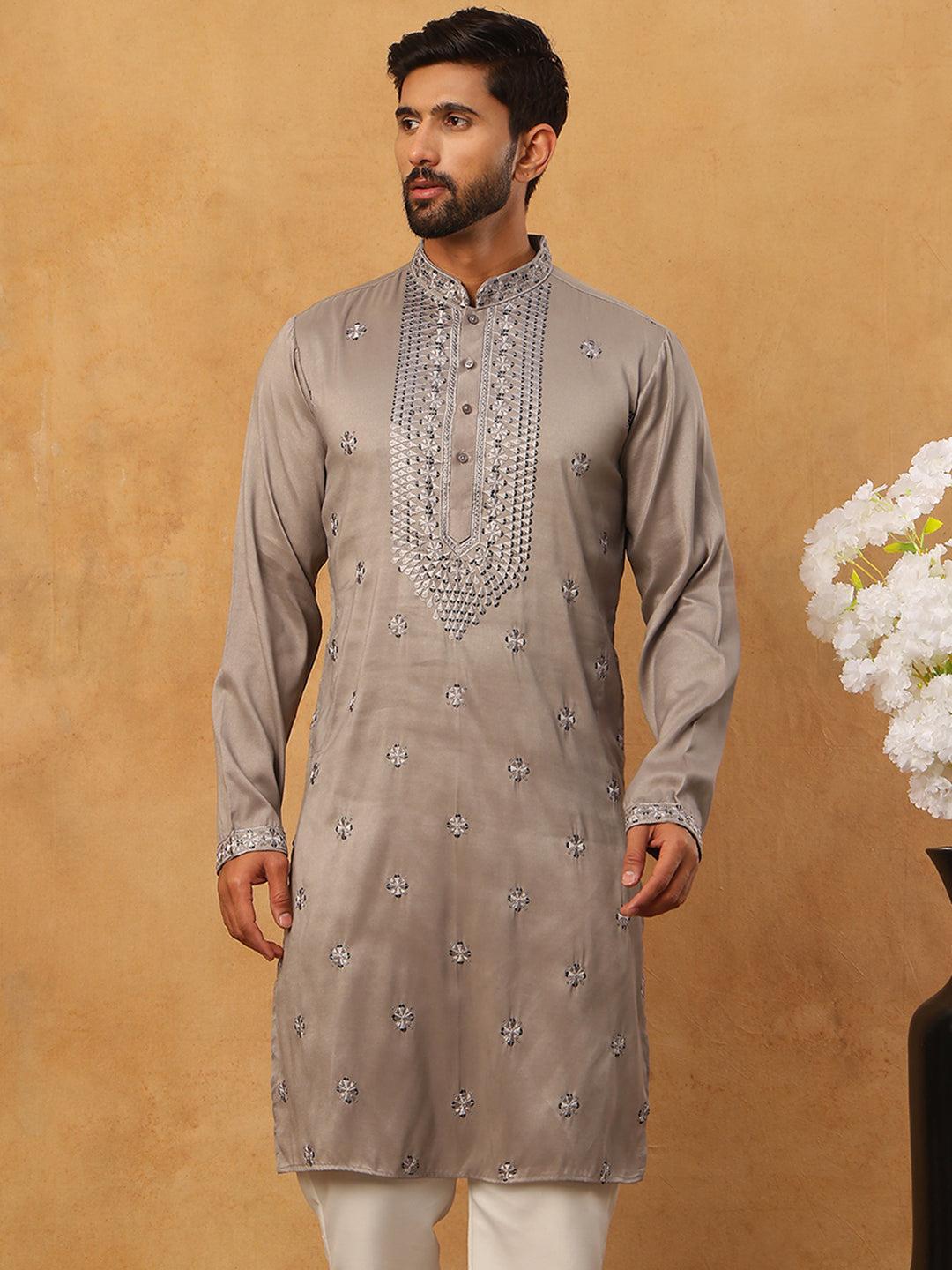 Men Silk Blend Festive Embroidered Kurta ( ANMKO 286Grey )