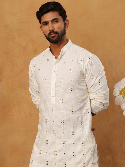 Viscose Rayon Mirror-Work Kurta ( ANMKO 290White )
