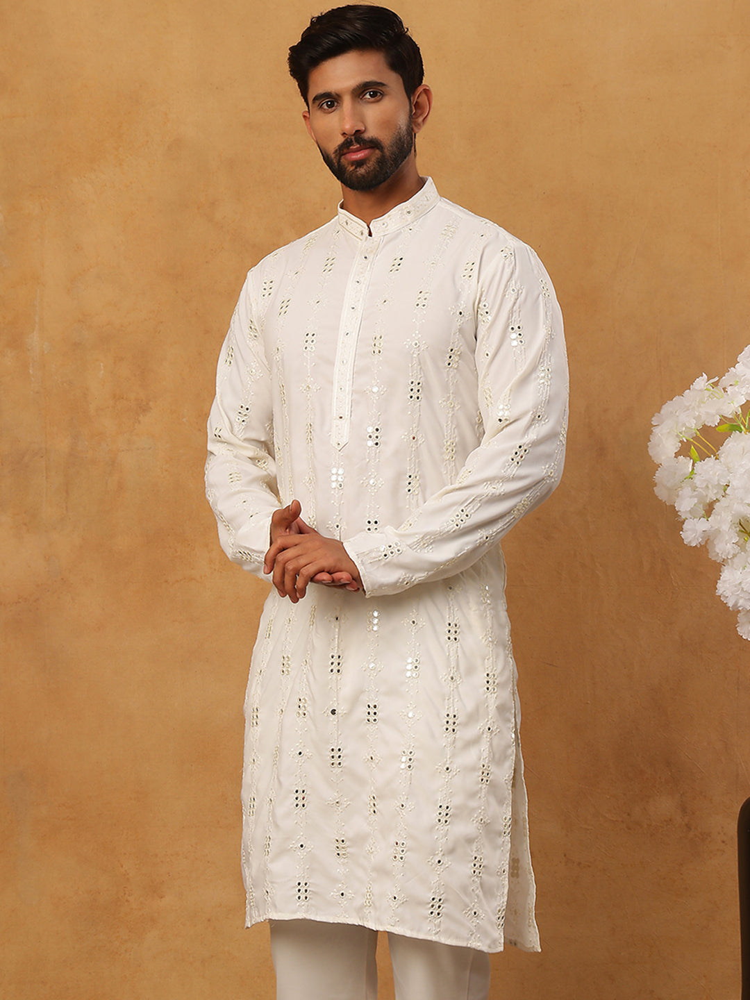 Viscose Rayon Mirror-Work Kurta ( ANMKO 290White )