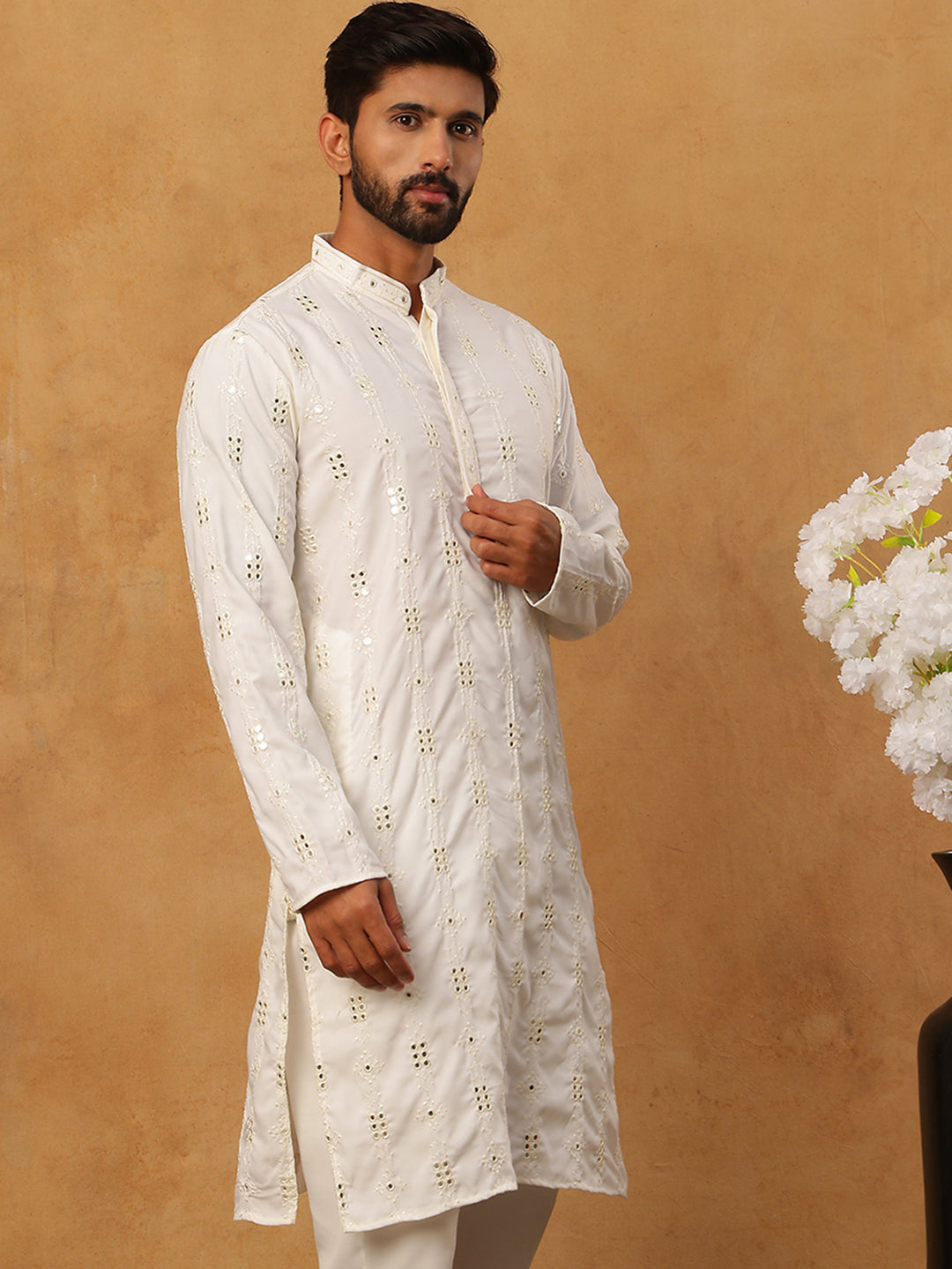 Viscose Rayon Mirror-Work Kurta ( ANMKO 290White )