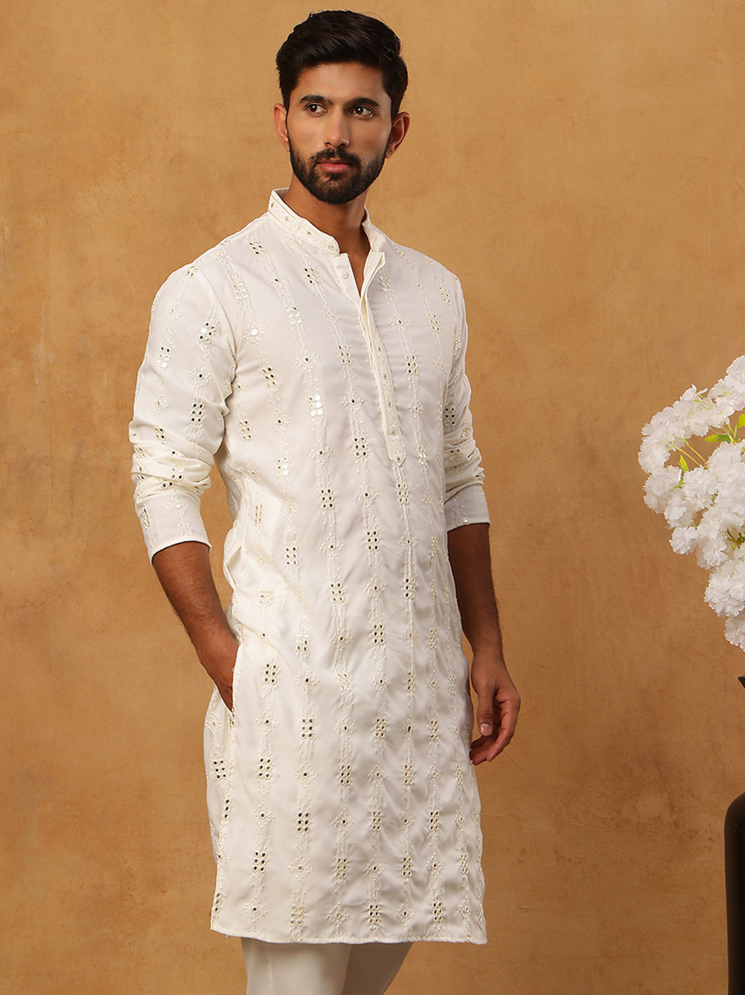 Viscose Rayon Mirror-Work Kurta ( ANMKO 290White )