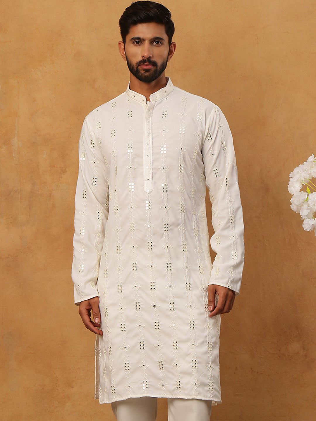 Viscose Rayon Mirror-Work Kurta ( ANMKO 290White )