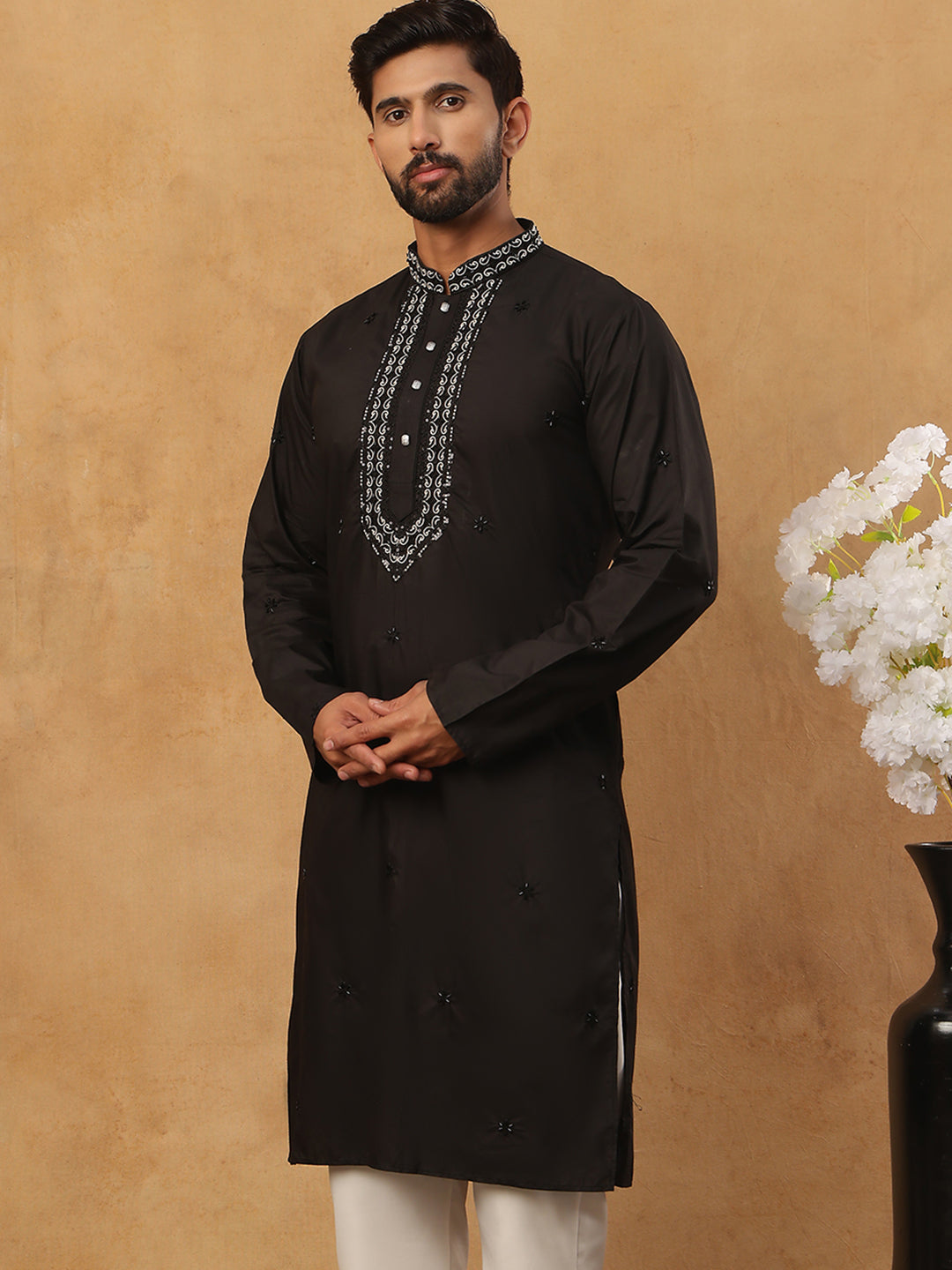 Embroidered Silk-Blend Kurta ( ANMKO 292Black )