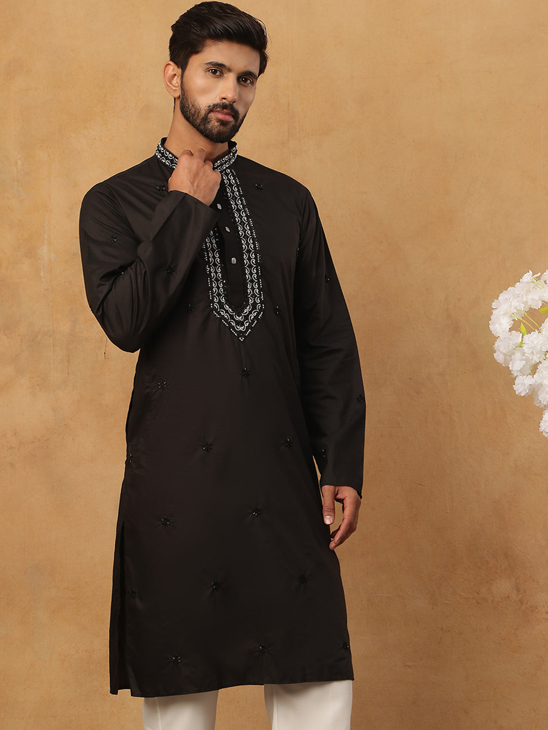Embroidered Silk-Blend Kurta ( ANMKO 292Black )