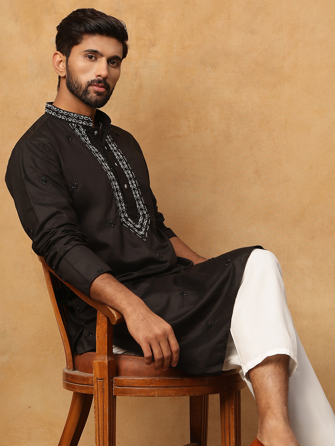 Embroidered Silk-Blend Kurta ( ANMKO 292Black )