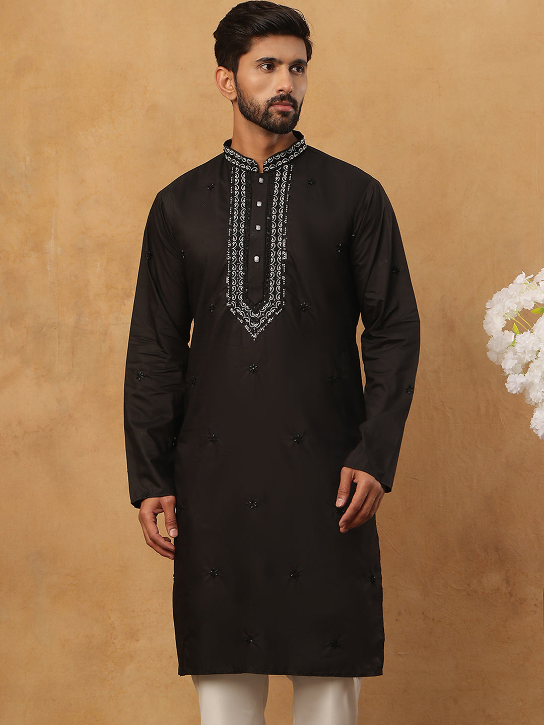 Embroidered Silk-Blend Kurta ( ANMKO 292Black )