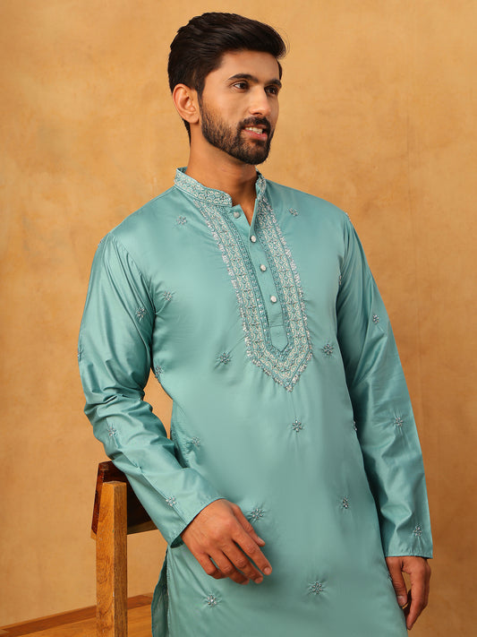 Embroidered Silk-Blend Kurta ( ANMKO 292Sky )