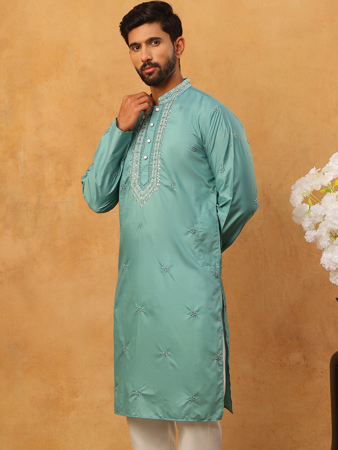 Embroidered Silk-Blend Kurta ( ANMKO 292Sky )