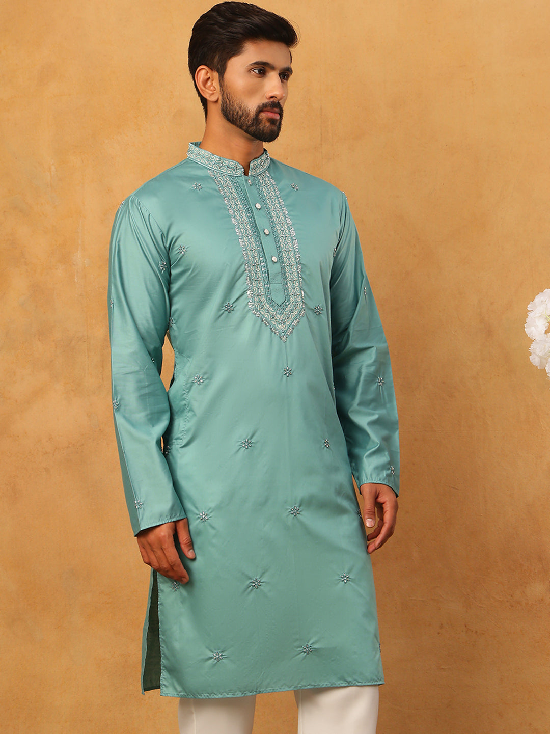 Embroidered Silk-Blend Kurta ( ANMKO 292Sky )