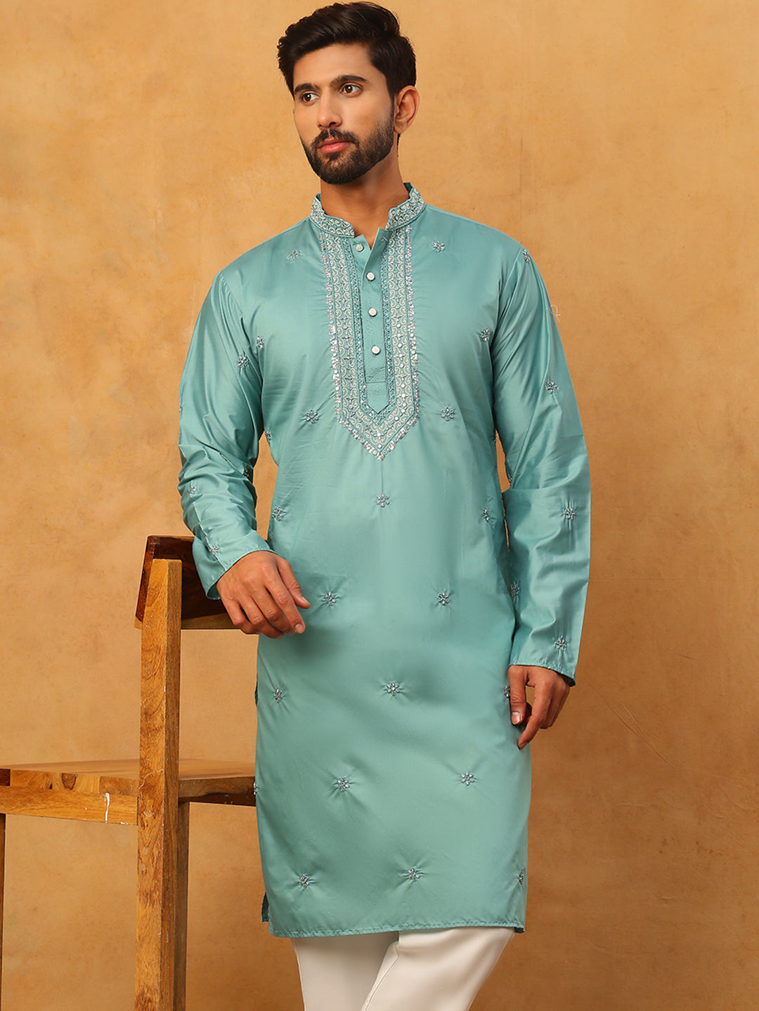 Embroidered Silk-Blend Kurta ( ANMKO 292Sky )