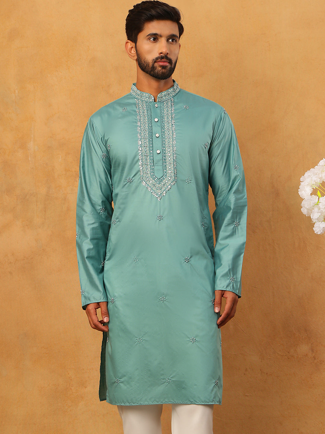 Embroidered Silk-Blend Kurta ( ANMKO 292Sky )