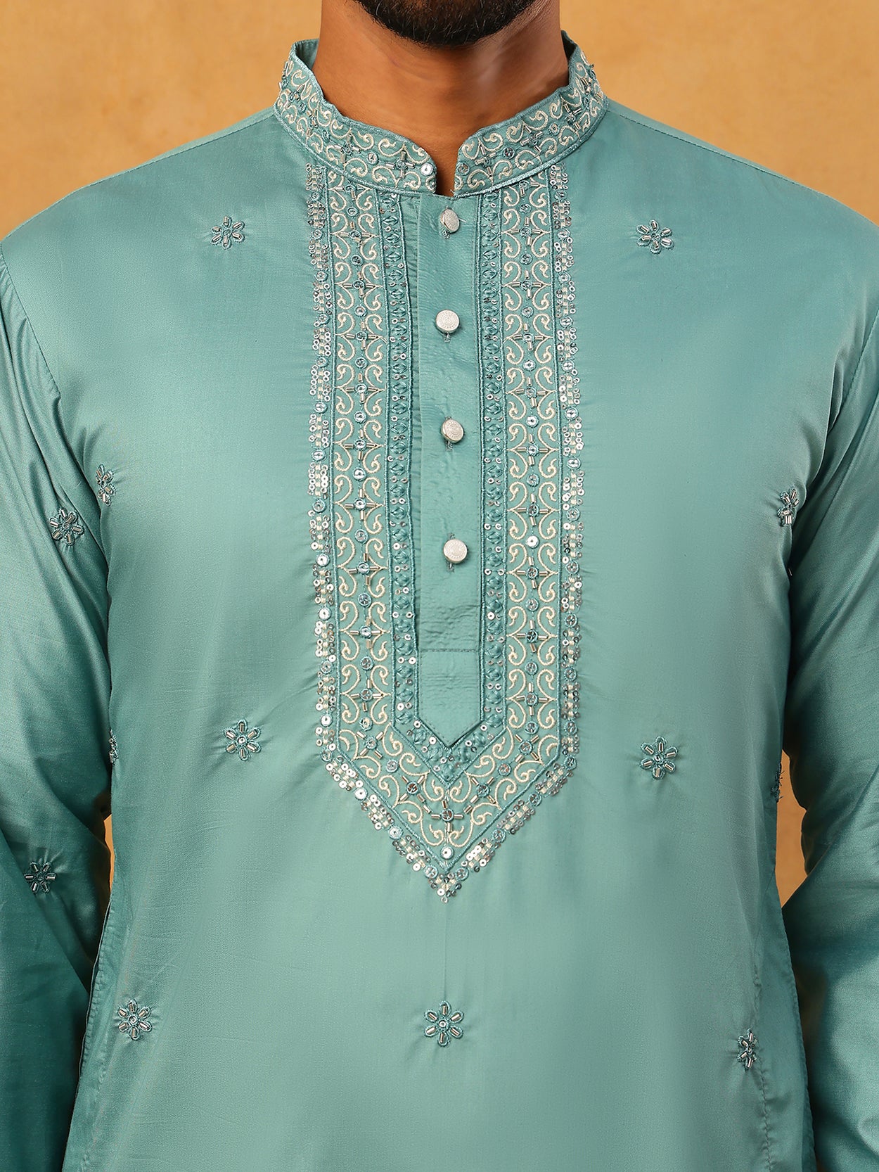 Embroidered Silk-Blend Kurta ( ANMKO 292Sky )