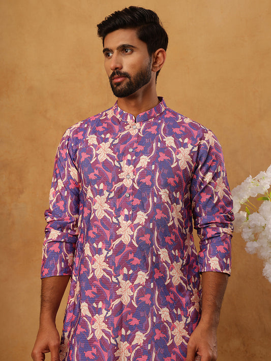 Thread Work & Printed Cotton Blend Kurta ( ANMKO 297Blue )