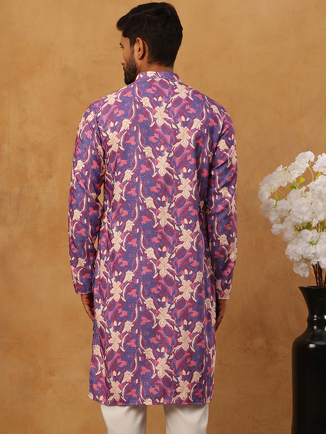Thread Work & Printed Cotton Blend Kurta ( ANMKO 297Blue )