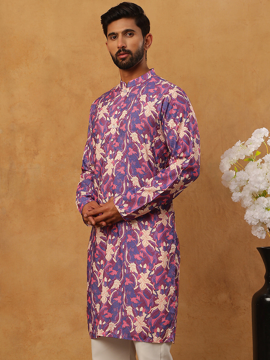 Thread Work & Printed Cotton Blend Kurta ( ANMKO 297Blue )