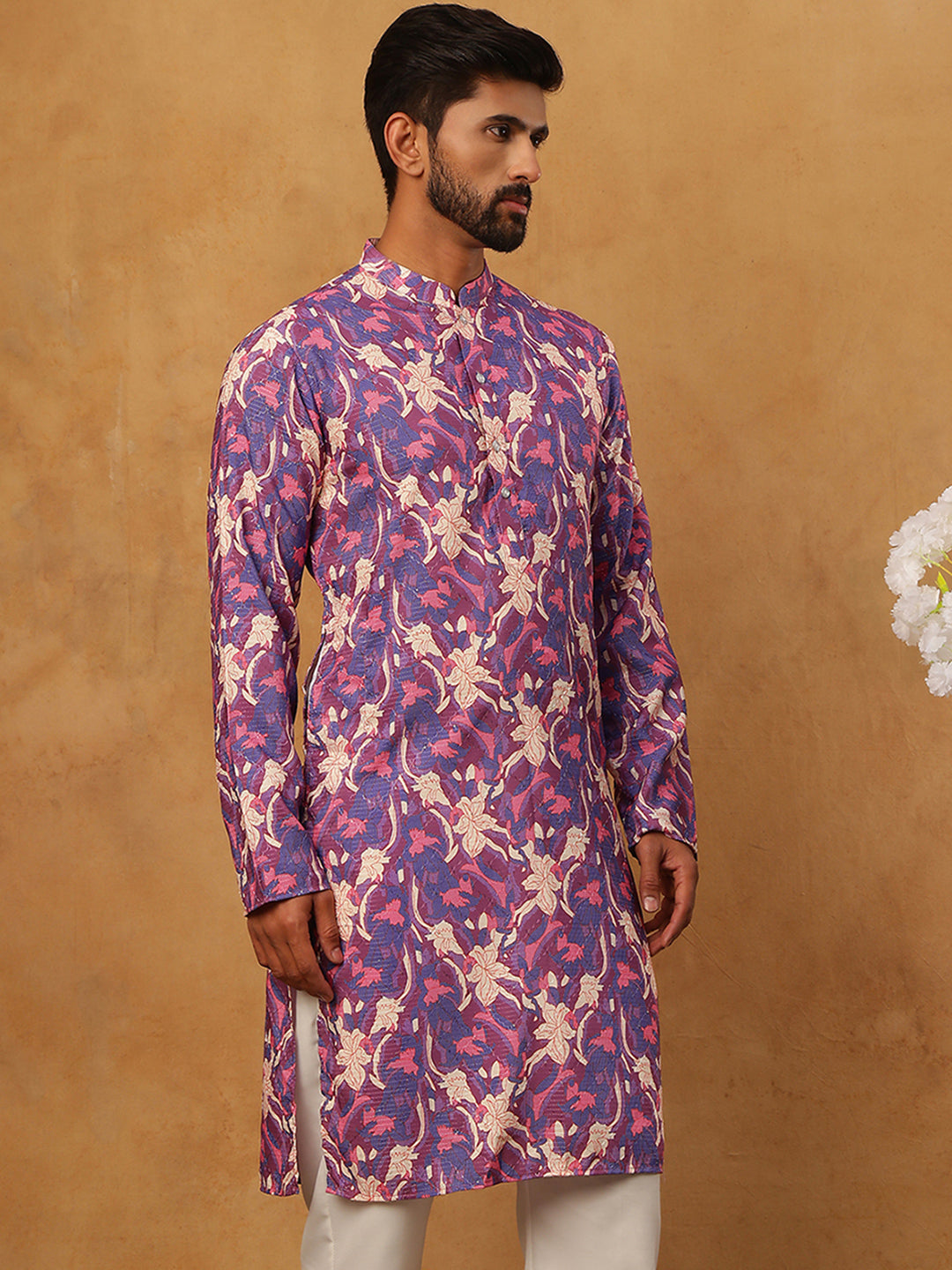 Thread Work & Printed Cotton Blend Kurta ( ANMKO 297Blue )