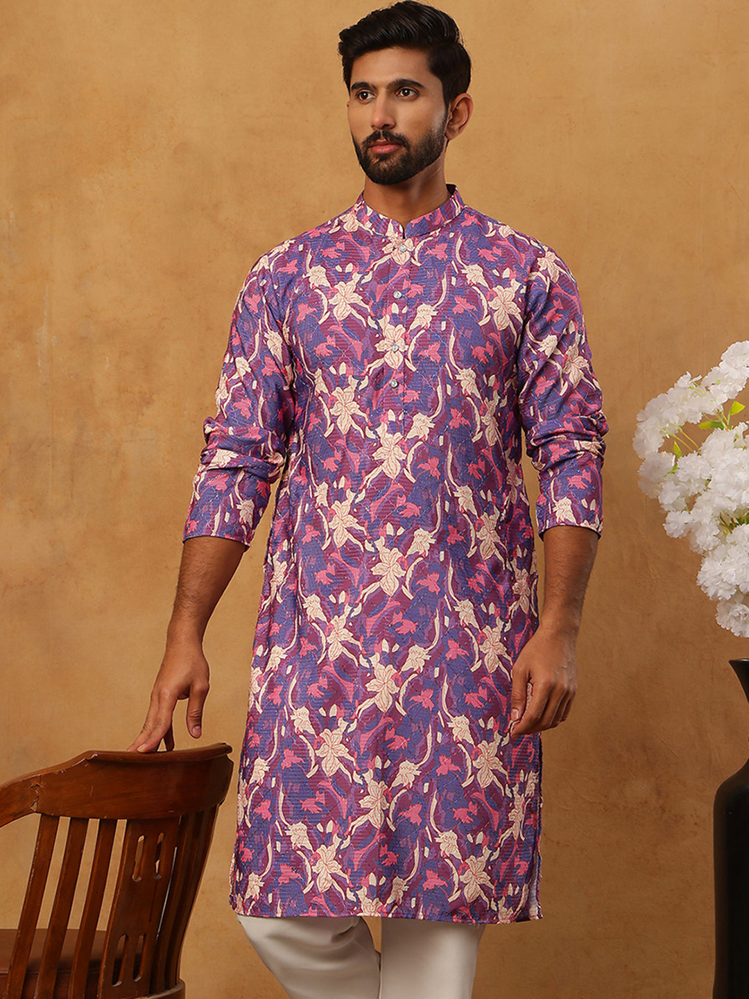 Thread Work & Printed Cotton Blend Kurta ( ANMKO 297Blue )