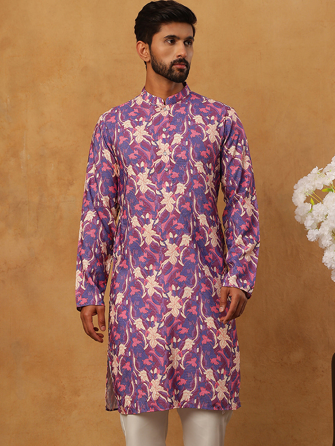 Thread Work & Printed Cotton Blend Kurta ( ANMKO 297Blue )