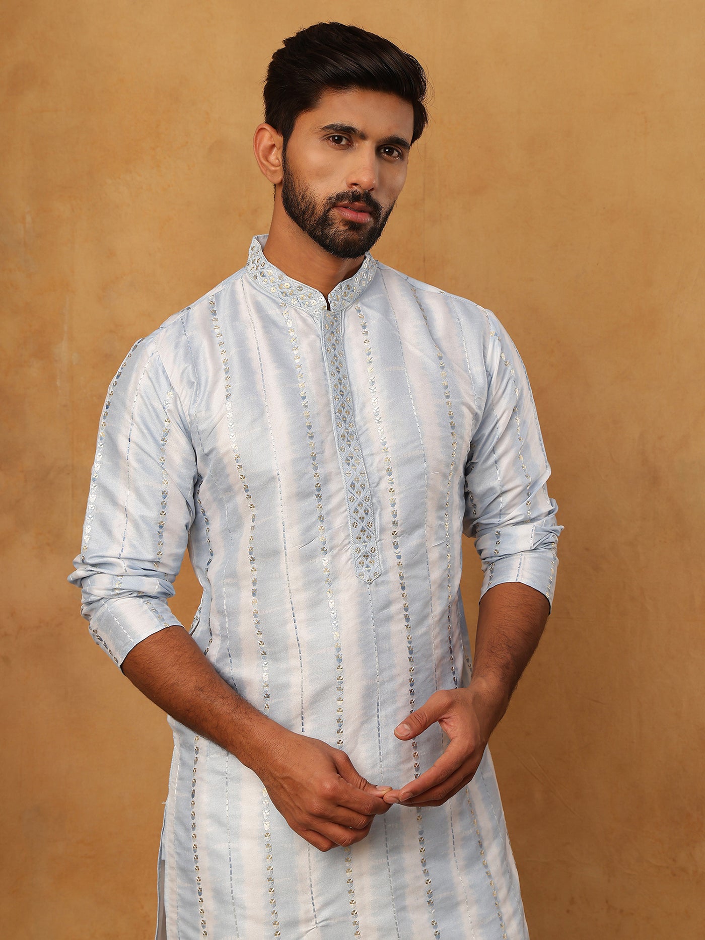 Men Silk Blend Festive Embroidered Kurta ( ANMKO 299Blue )