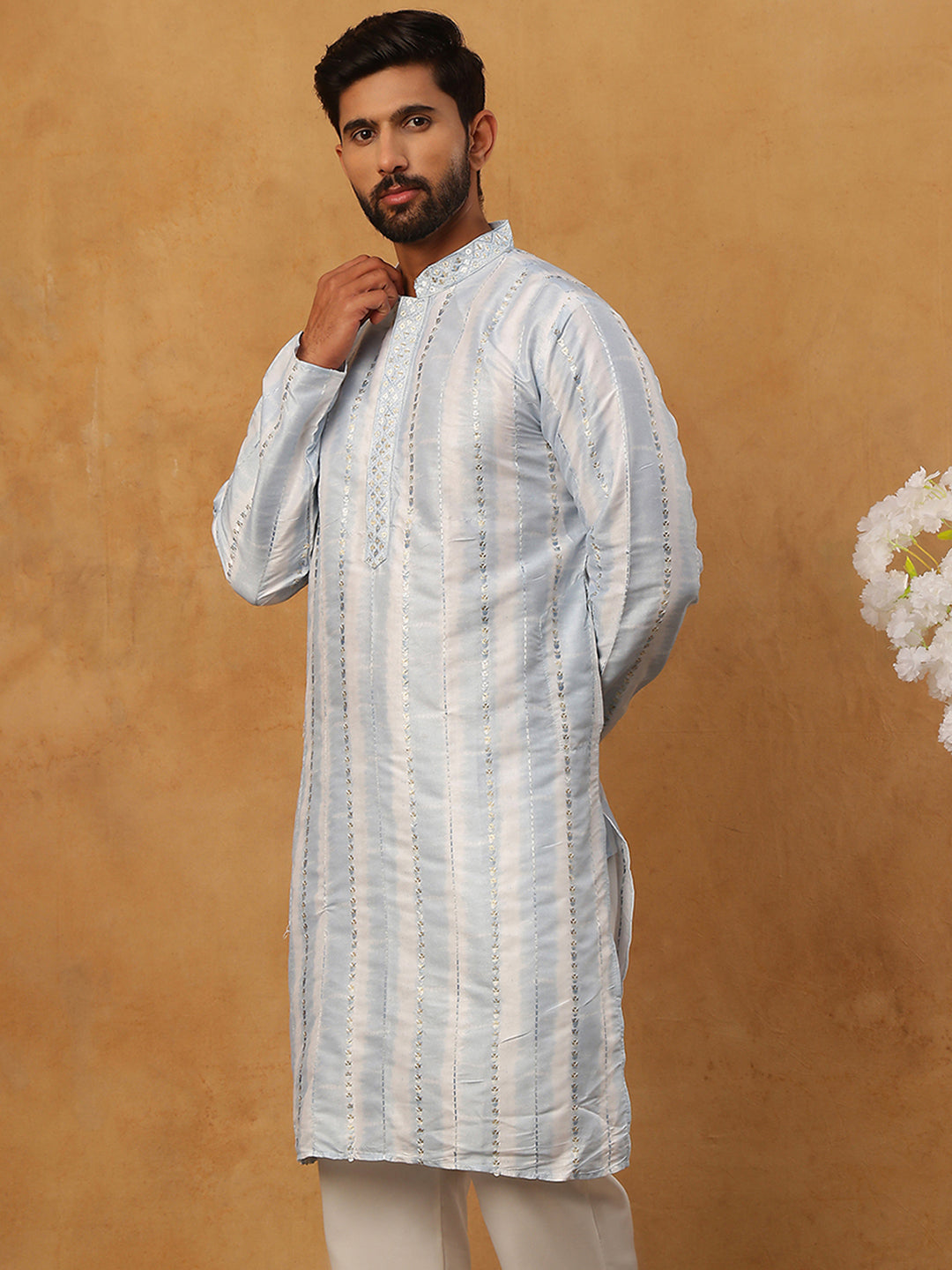 Men Silk Blend Festive Embroidered Kurta ( ANMKO 299Blue )