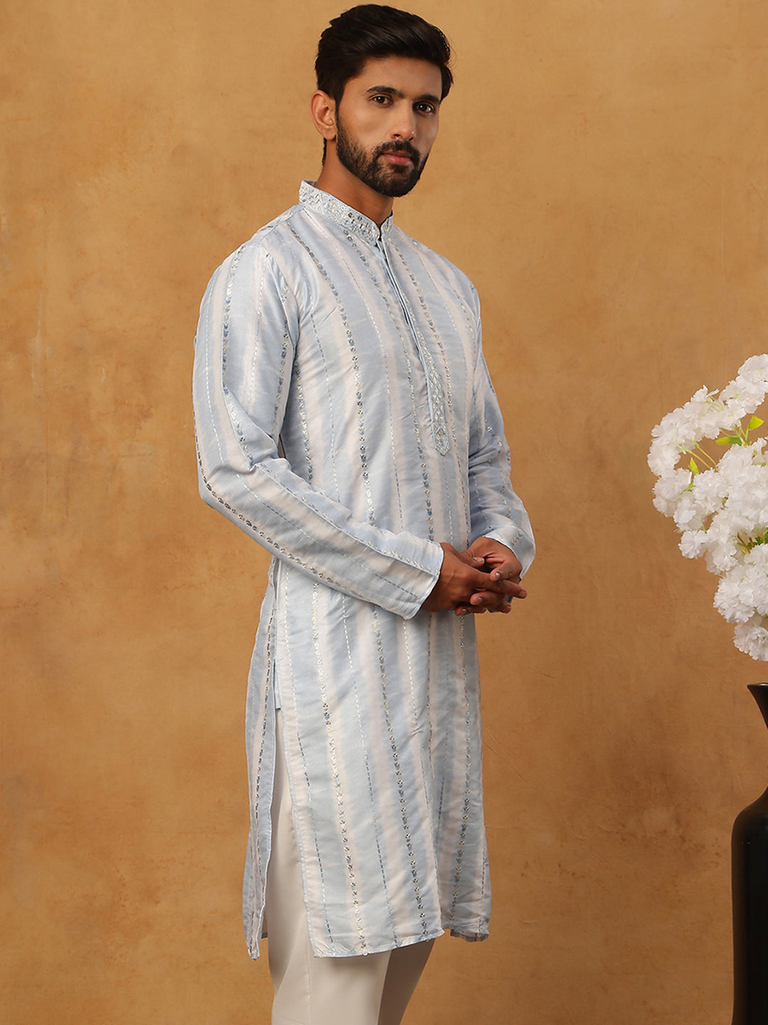 Men Silk Blend Festive Embroidered Kurta ( ANMKO 299Blue )