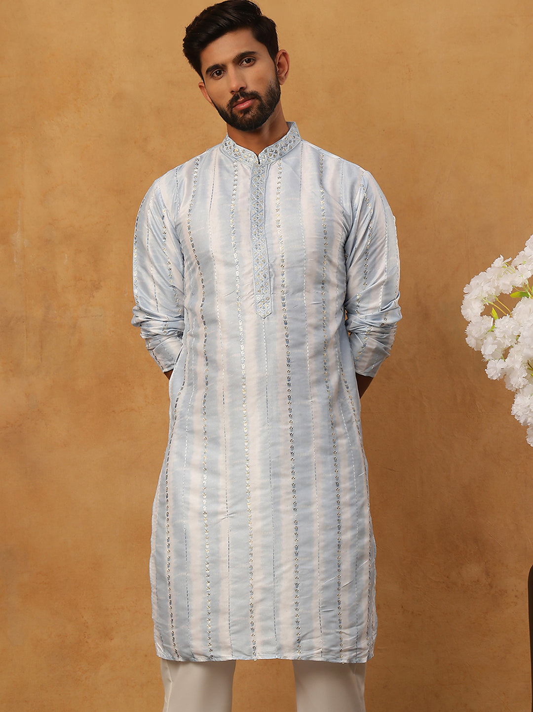 Men Silk Blend Festive Embroidered Kurta ( ANMKO 299Blue )