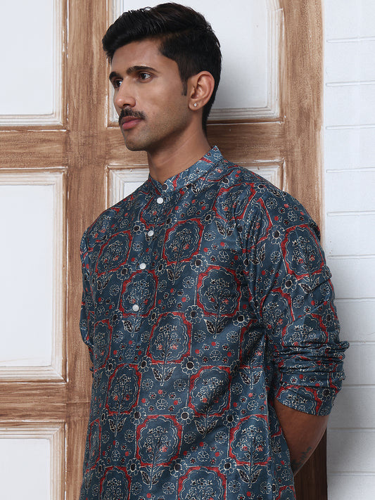 Peacock Blue Silk Blend Printed Kurta with Pyjama ( ANMKP B-P 300Peacock )