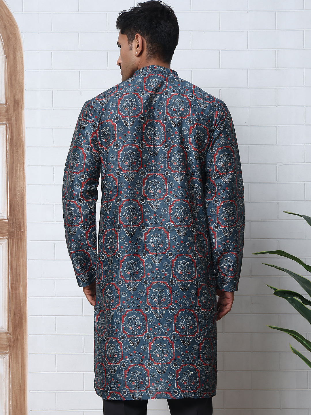 Peacock Blue Silk Blend Printed Kurta with Pyjama ( ANMKP B-P 300Peacock )