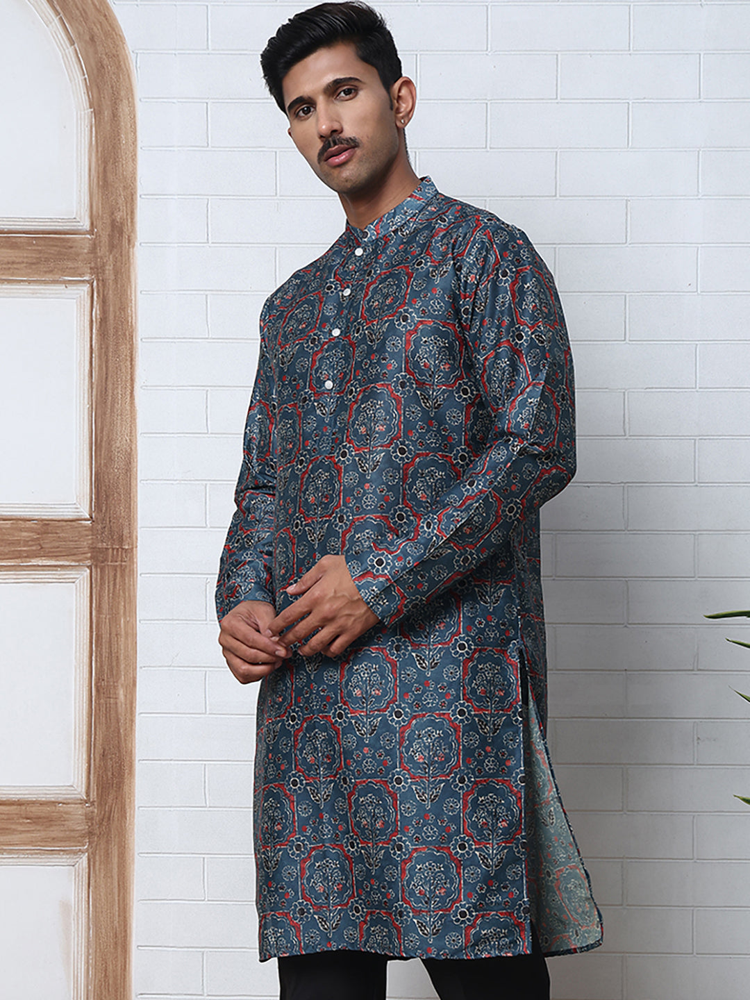 Peacock Blue Silk Blend Printed Kurta with Pyjama ( ANMKP B-P 300Peacock )