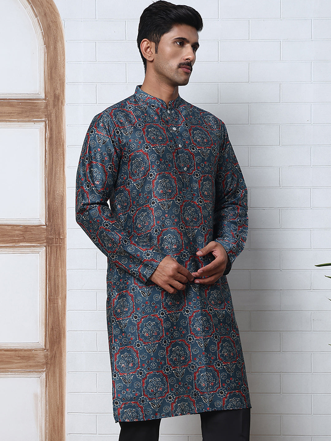 Peacock Blue Silk Blend Printed Kurta with Pyjama ( ANMKP B-P 300Peacock )