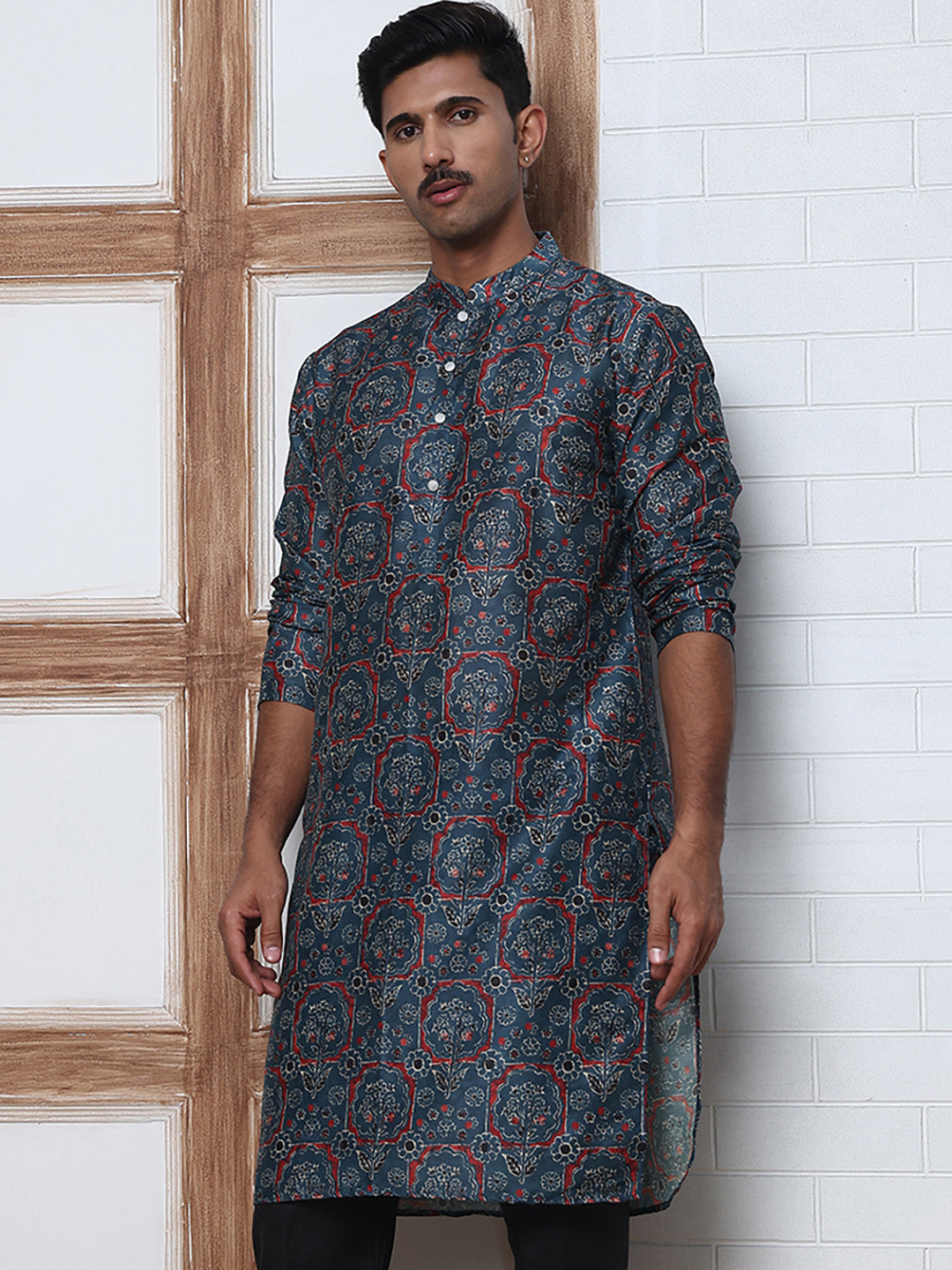 Peacock Blue Silk Blend Printed Kurta with Pyjama ( ANMKP B-P 300Peacock )