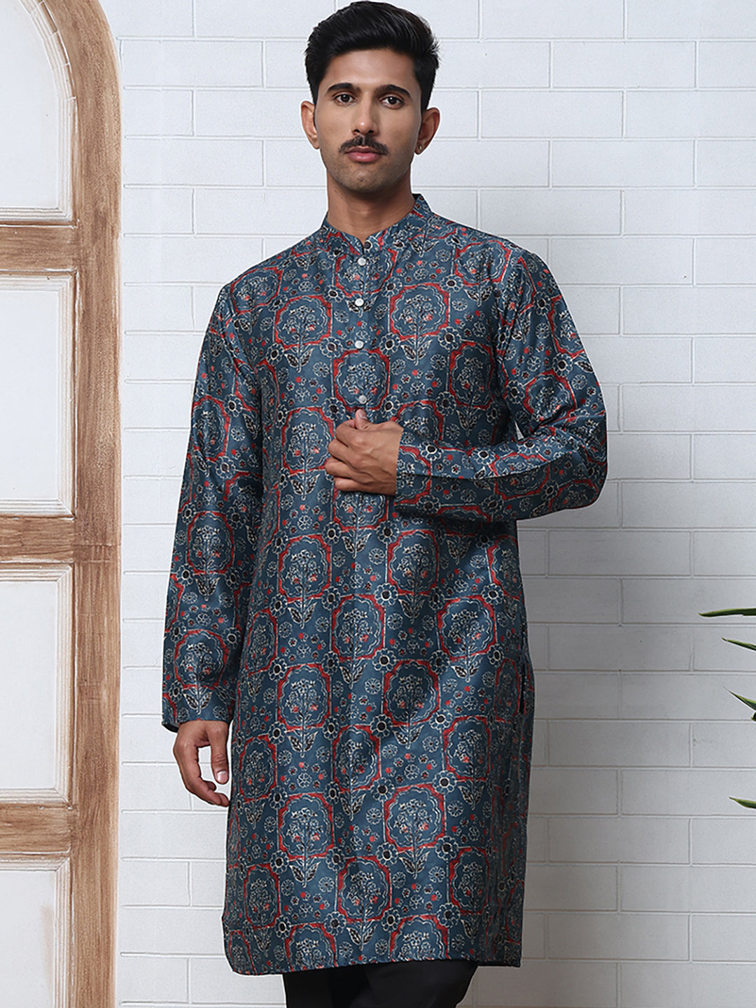 Peacock Blue Silk Blend Printed Kurta with Pyjama ( ANMKP B-P 300Peacock )
