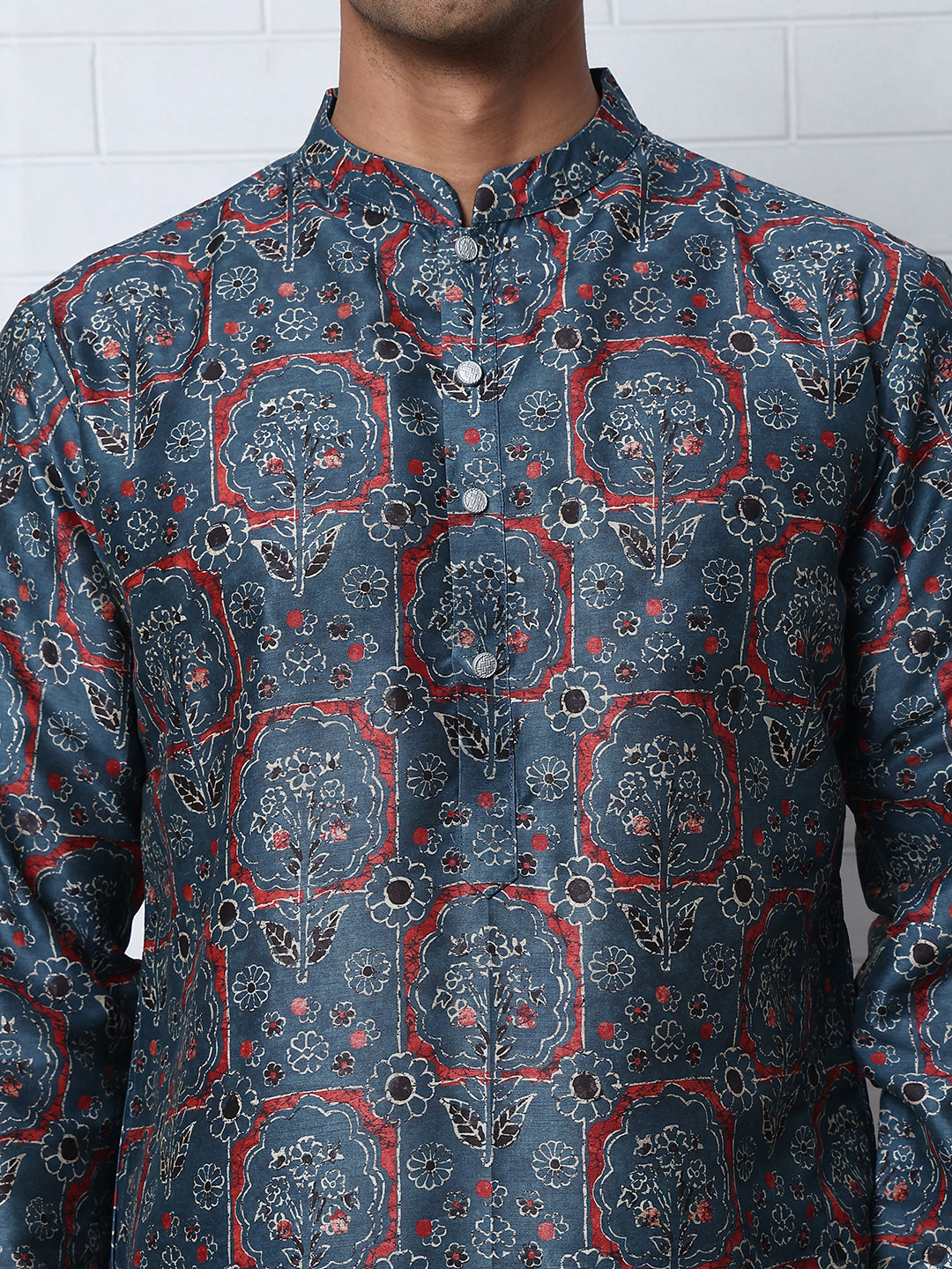 Peacock Blue Silk Blend Printed Kurta with Pyjama ( ANMKP B-P 300Peacock )