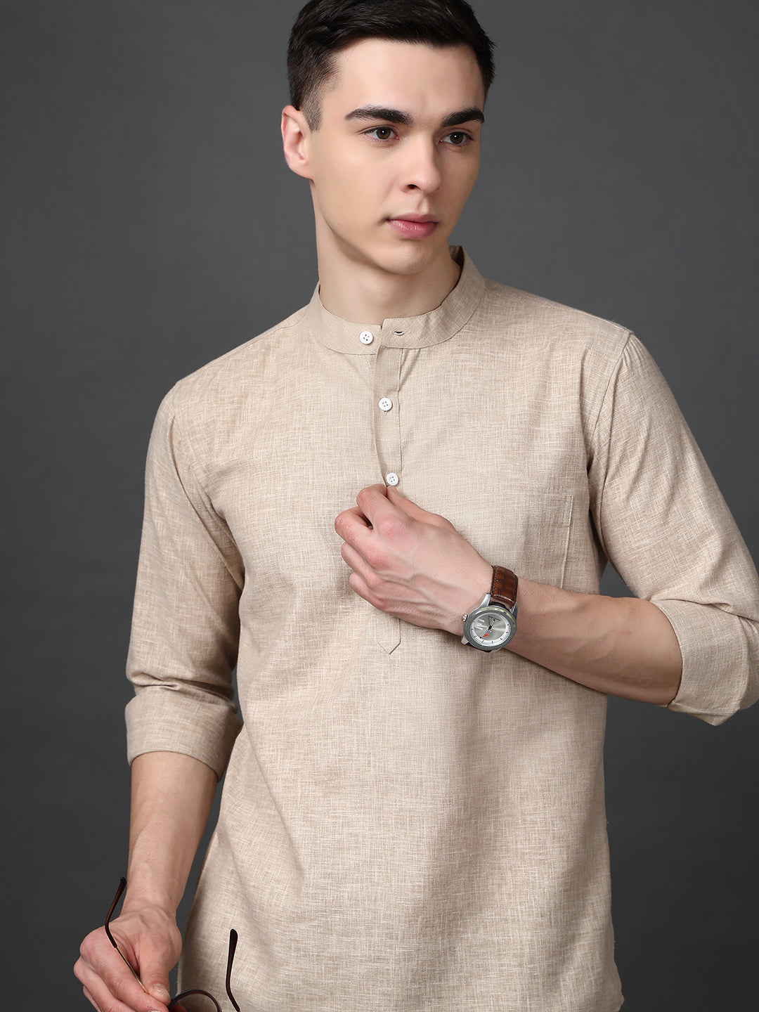 Solid Casual Short Kurta for Men ( ANMKO 302Beige )
