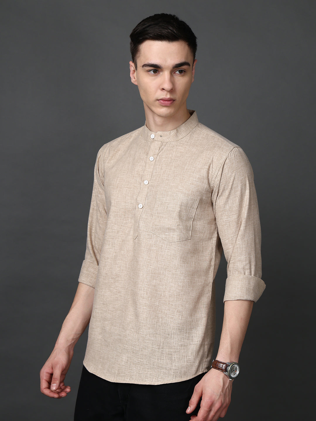 Solid Casual Short Kurta for Men ( ANMKO 302Beige )