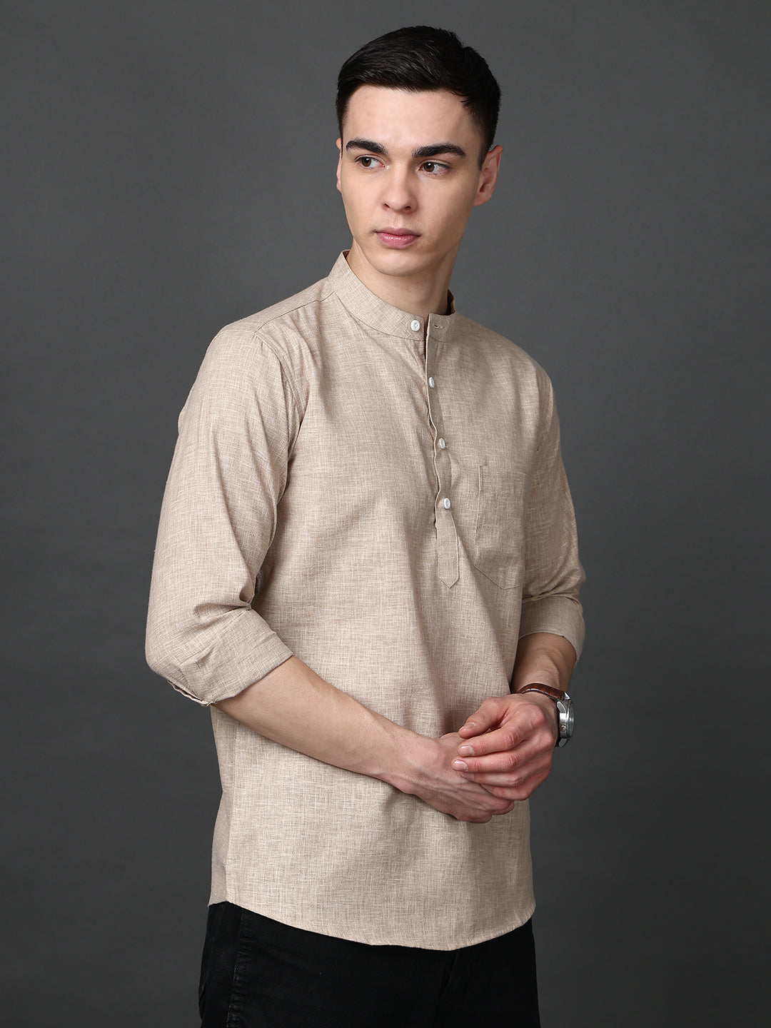 Solid Casual Short Kurta for Men ( ANMKO 302Beige )
