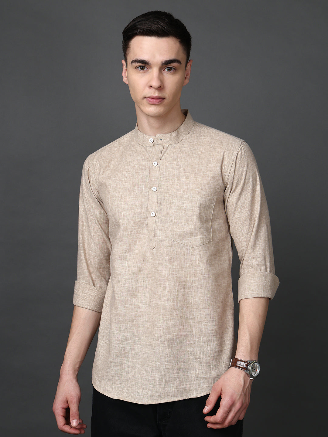 Solid Casual Short Kurta for Men ( ANMKO 302Beige )